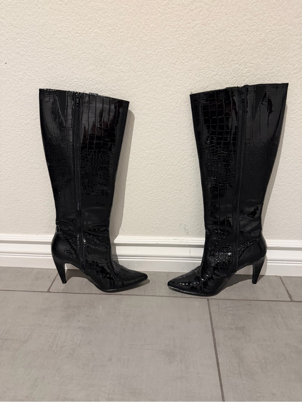 Black Patent Croc Knee-High Heel Boots